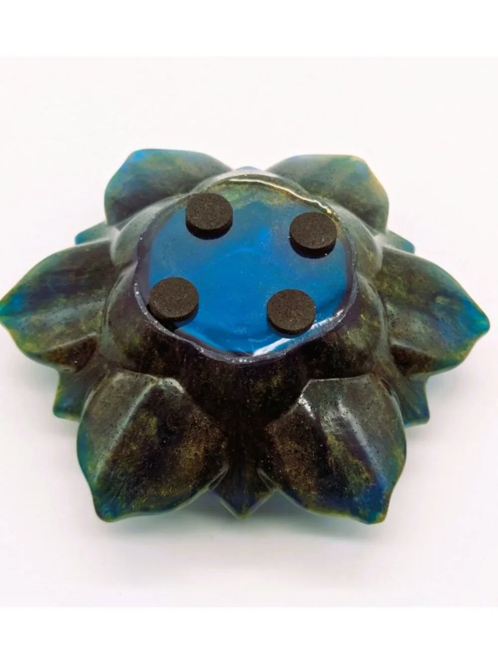 Lotus Flower Resin Tealight Holder Green, Gold & Blue 4.5